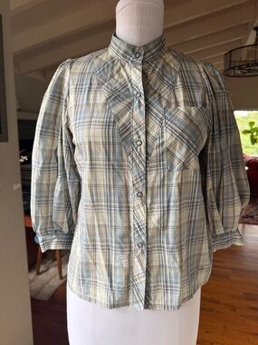 SEE BY CHLOE Cotton Plaid Button-Up Blouse With Puff Sleeves